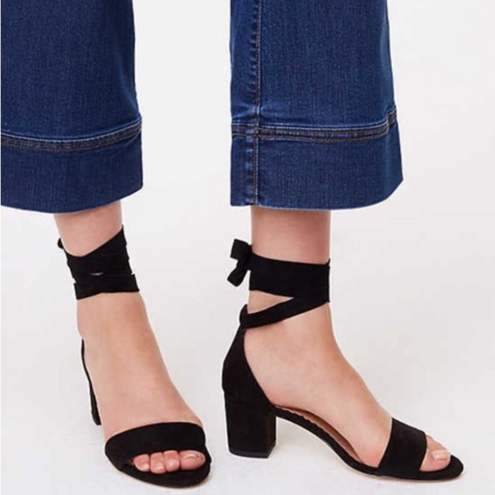 Ann Taylor LOFT Leather Lace Suede Tie Shoes Block Heel Sandals Sz 9, black